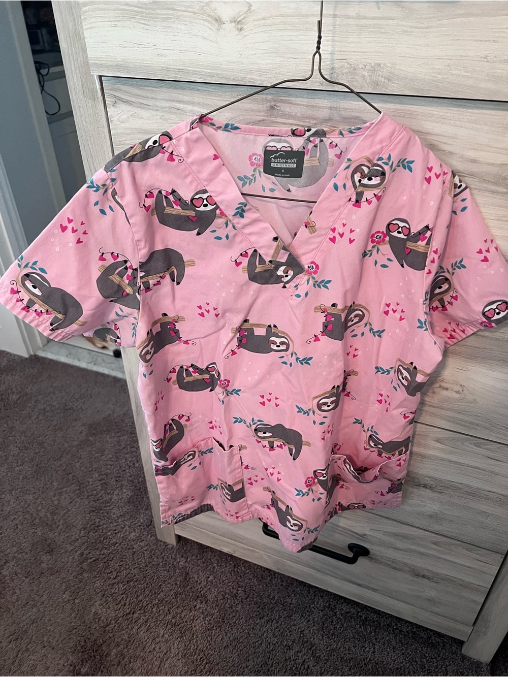 butter-soft Pink Sloth Print V-Neck Medical Scrub Top